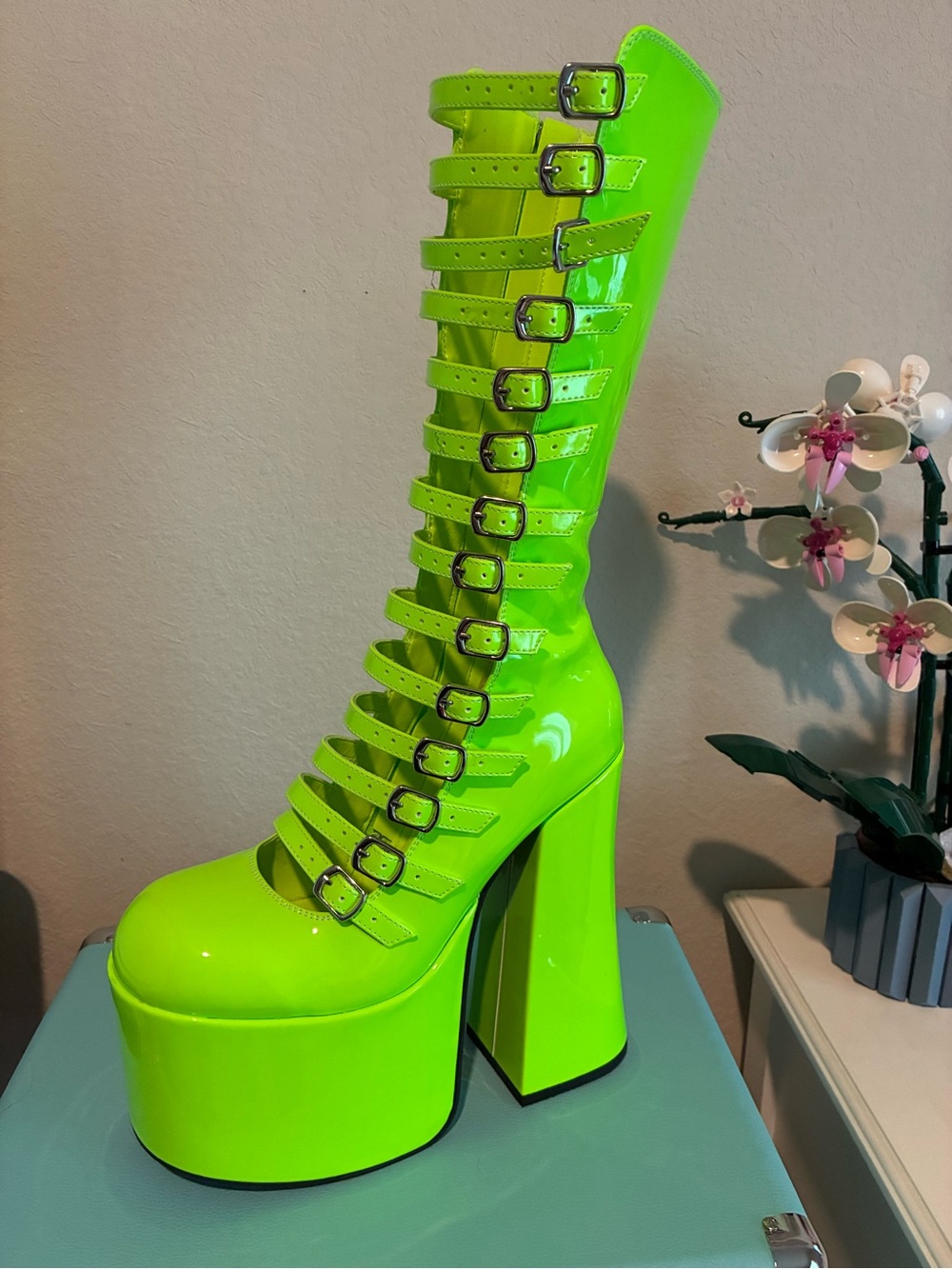 Current Mood Neon Lime Patent Platform Knee-High Boots